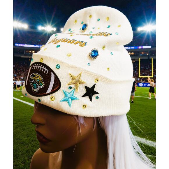 Jacksonville Jaguars Beanie Cream design with teal and gold rhinestones, Logo - Picture 5 of 5